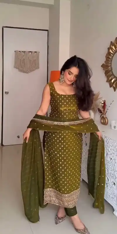 KD 1577 Mehendi Fendy Silk Salwar Suit with Mirror Work & Embroidery Work. Best Price ₹1999. Delivery 4-6 Working Days. Shop now. | Jump Suits, Salwar suit, Designer Suits, Casual Suits, Creative suits, Palazzo Suits, Party Wear Suits, Patiala Suits, Straight Suits