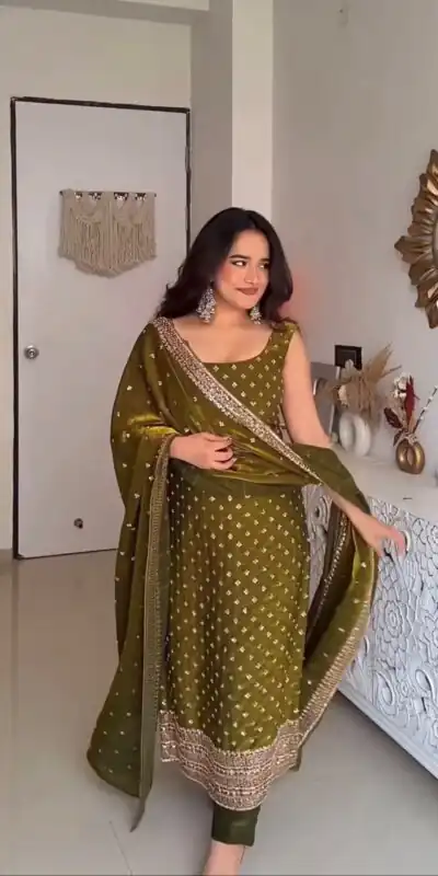 KD 1577 Mehendi Fendy Silk Salwar Suit with Mirror Work & Embroidery Work. Best Price ₹1999. Delivery 4-6 Working Days. Shop now. | Jump Suits, Salwar suit, Designer Suits, Casual Suits, Creative suits, Palazzo Suits, Party Wear Suits, Patiala Suits, Straight Suits