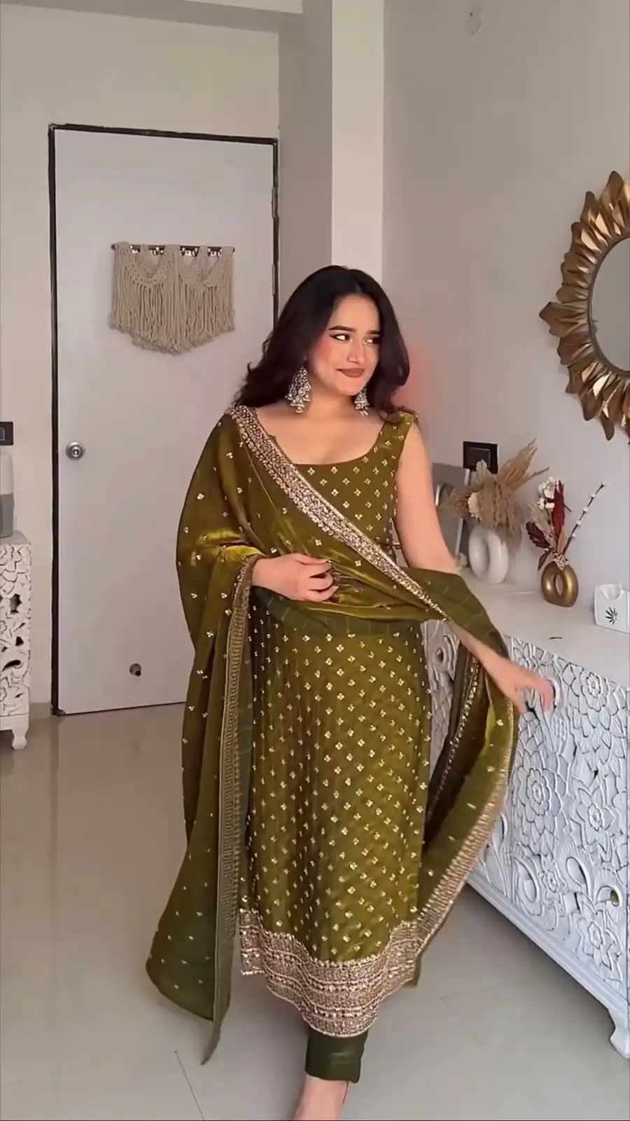 KD 1577 Mehendi Fendy Silk Salwar Suit with Mirror Work & Embroidery Work. Best Price ₹1999. Delivery 4-6 Working Days. Shop now. | Jump Suits, Salwar suit, Designer Suits, Casual Suits, Creative suits, Palazzo Suits, Party Wear Suits, Patiala Suits, Straight Suits