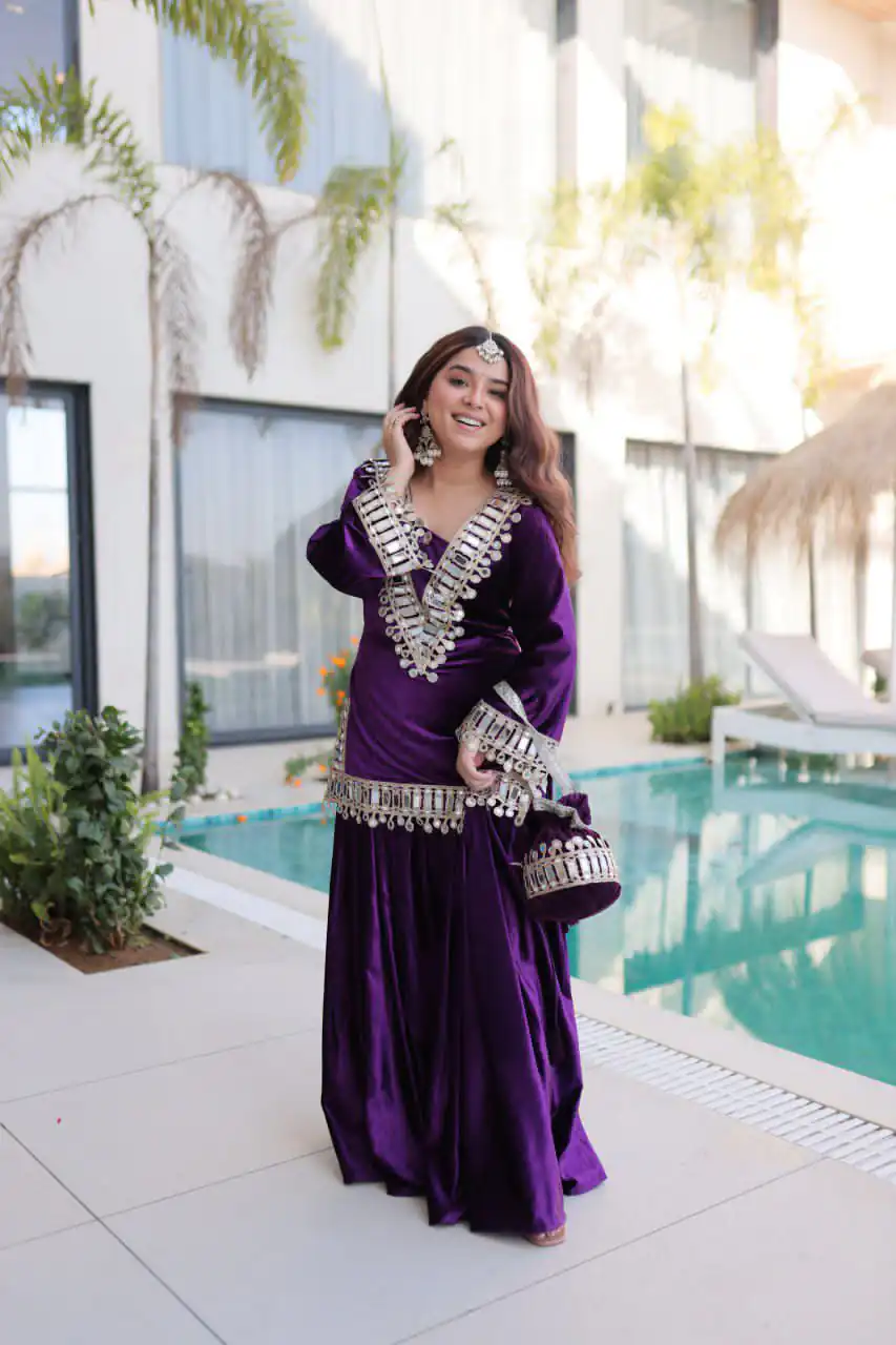 Z 111 Purple in Color 9000 Velvet. Mirror Work & Embroidery Work Salwar Suit Get it for ₹1999. Delivery 4-6 Working Days. Shop now. | Jump Suits, Salwar suit, Designer Suits, Casual Suits, Creative suits, Palazzo Suits, Party Wear Suits, Patiala Suits, Straight Suits