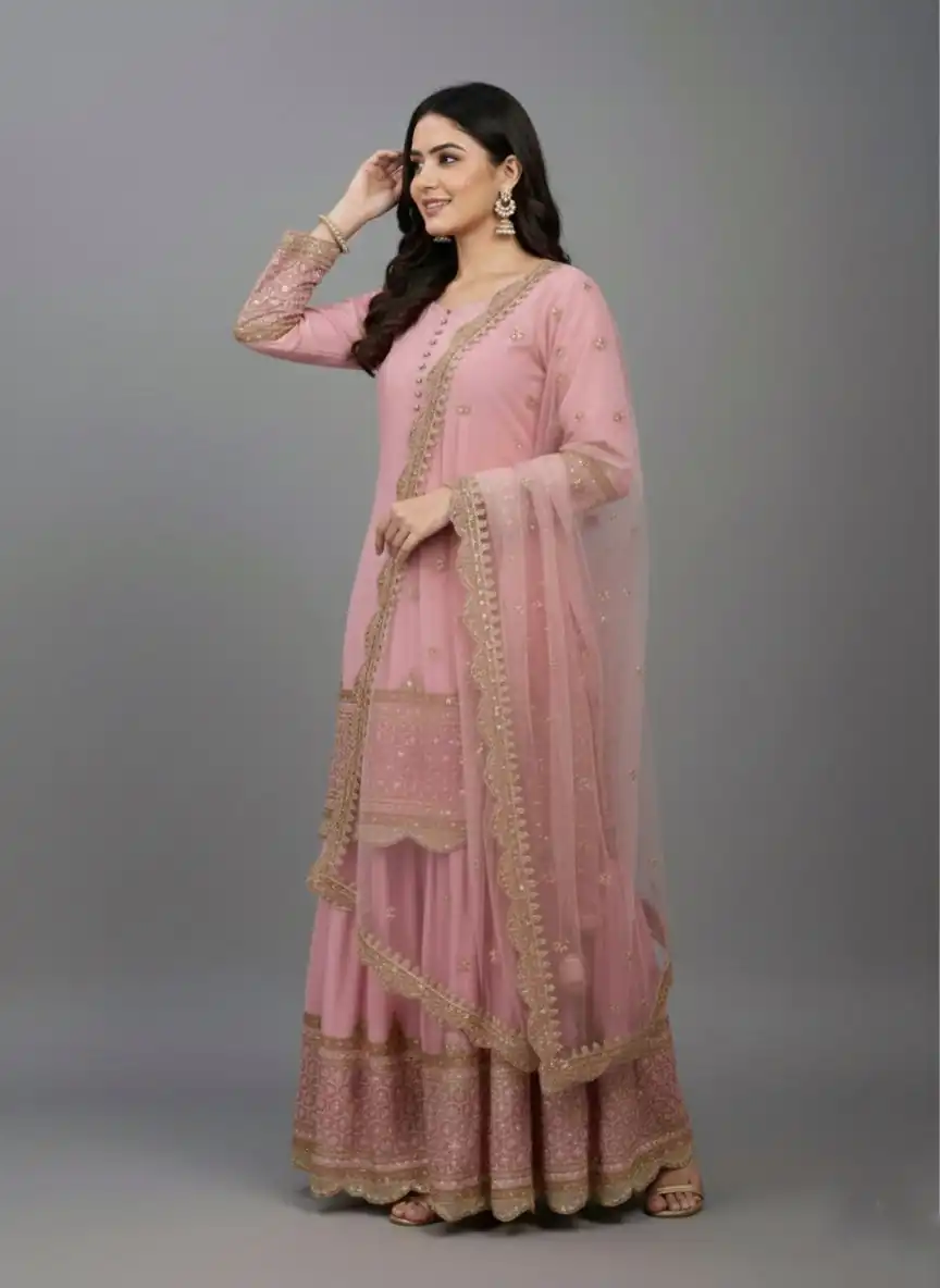 ZF 250 Pink Color Faux Georgette Embroidery Sequence Work Sharara Suit Wedding, Party, Festive, Events Etc. Expected Delivery 4-6 Working Days @2099/- | Jump Suits, Straight Suits, Salwar suit, Designer Suits, Casual Suits, Creative suits, Palazzo Suits, Party Wear Suits, Patiala Suits