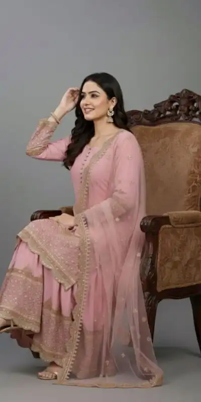 ZF 250 Pink Color Faux Georgette Embroidery Sequence Work Sharara Suit Wedding, Party, Festive, Events Etc. Expected Delivery 4-6 Working Days @2099/- | Jump Suits, Straight Suits, Salwar suit, Designer Suits, Casual Suits, Creative suits, Palazzo Suits, Party Wear Suits, Patiala Suits