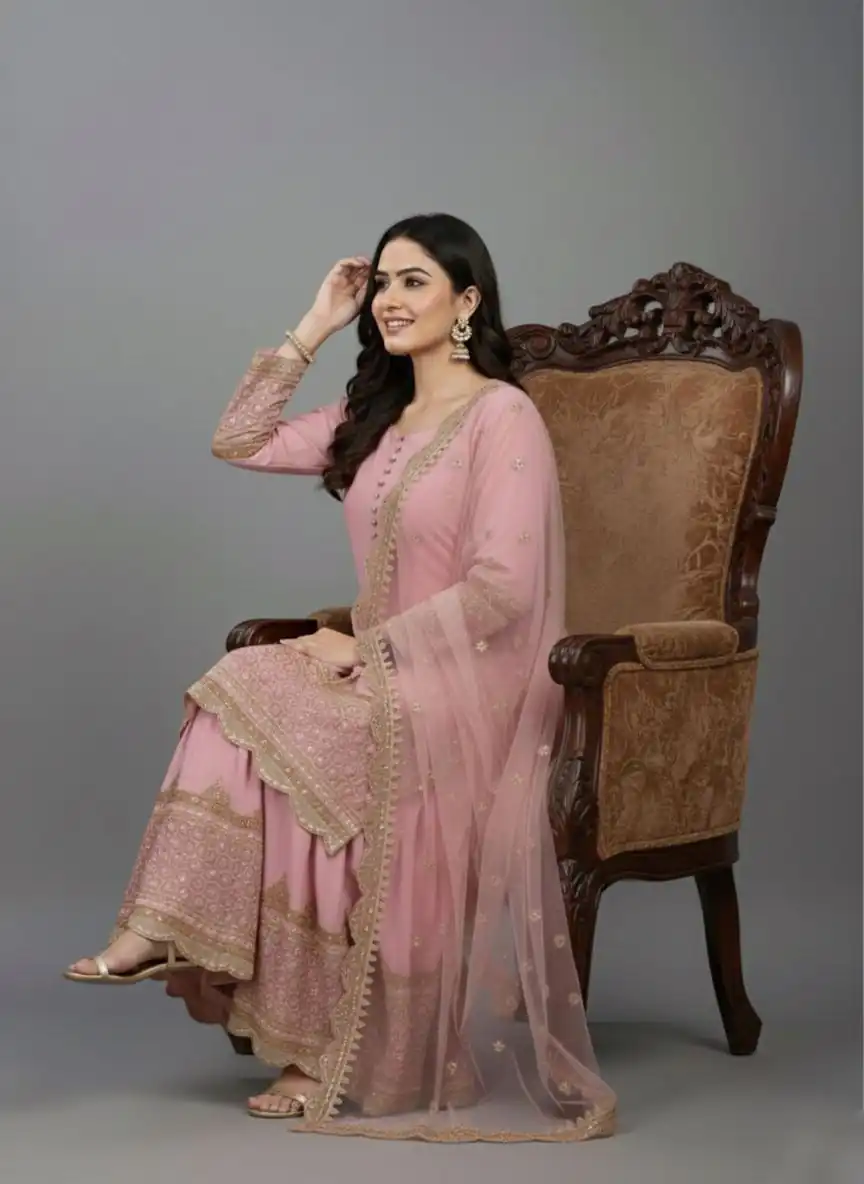 ZF 250 Pink Color Faux Georgette Embroidery Sequence Work Sharara Suit Wedding, Party, Festive, Events Etc. Expected Delivery 4-6 Working Days @2099/- | Jump Suits, Straight Suits, Salwar suit, Designer Suits, Casual Suits, Creative suits, Palazzo Suits, Party Wear Suits, Patiala Suits