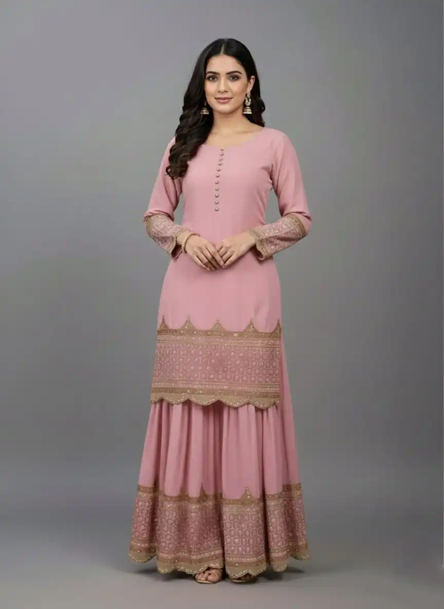 ZF 250 Pink Color Faux Georgette Embroidery Sequence Work Sharara Suit Wedding, Party, Festive, Events Etc. Expected Delivery 4-6 Working Days @2099/- | Jump Suits, Straight Suits, Salwar suit, Designer Suits, Casual Suits, Creative suits, Palazzo Suits, Party Wear Suits, Patiala Suits