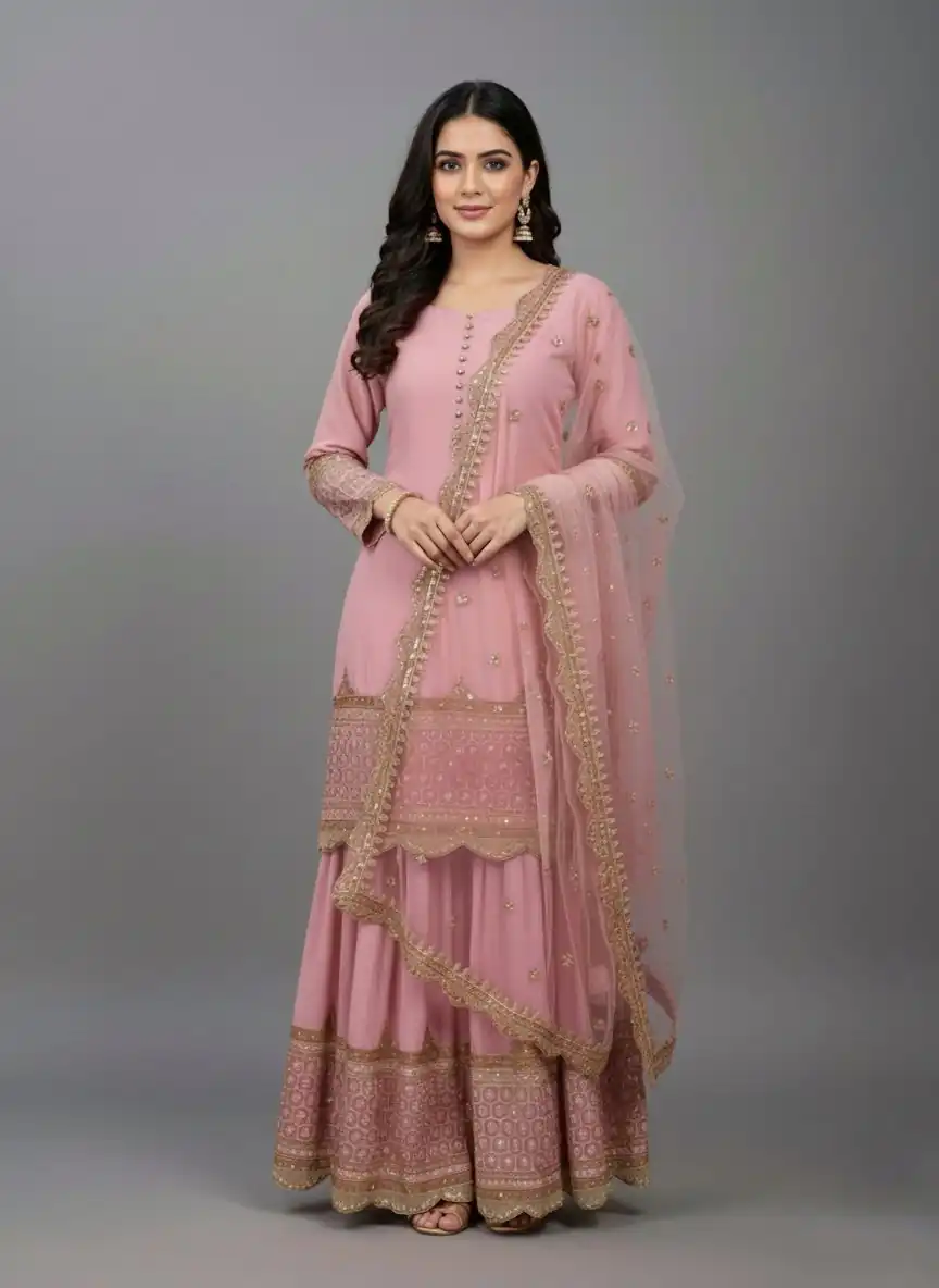 ZF 250 Pink Color Faux Georgette Embroidery Sequence Work Sharara Suit Wedding, Party, Festive, Events Etc. Expected Delivery 4-6 Working Days @2099/- | Jump Suits, Straight Suits, Salwar suit, Designer Suits, Casual Suits, Creative suits, Palazzo Suits, Party Wear Suits, Patiala Suits