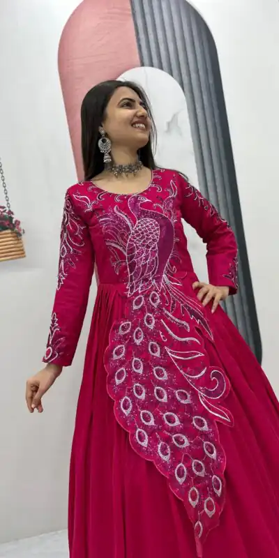 PC 564 Pink Vichitra Silk Gown Perfect for Wedding, Party, Holi, Anniversary, Mehendi –. Grab it for ₹2049. Delivery 4-6 Working Days. Shop now. | Gowns, Bollywood Gowns, Creative Gowns, Designer Gowns, Embroidered Gowns, Party Wear Gowns