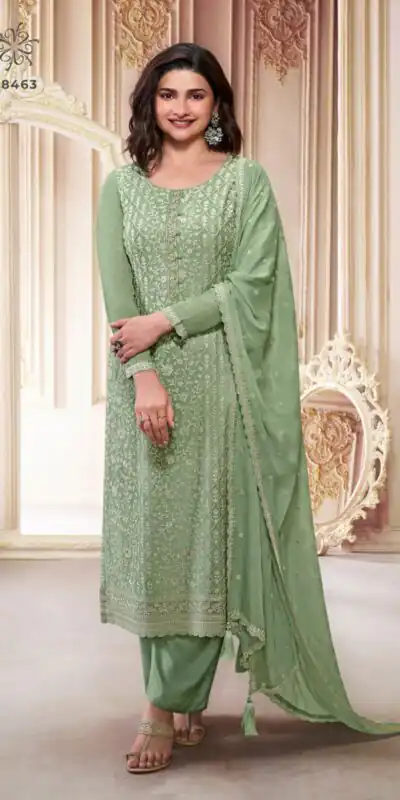 Pista Chinon Zari Embroidery Work Salwar Suit