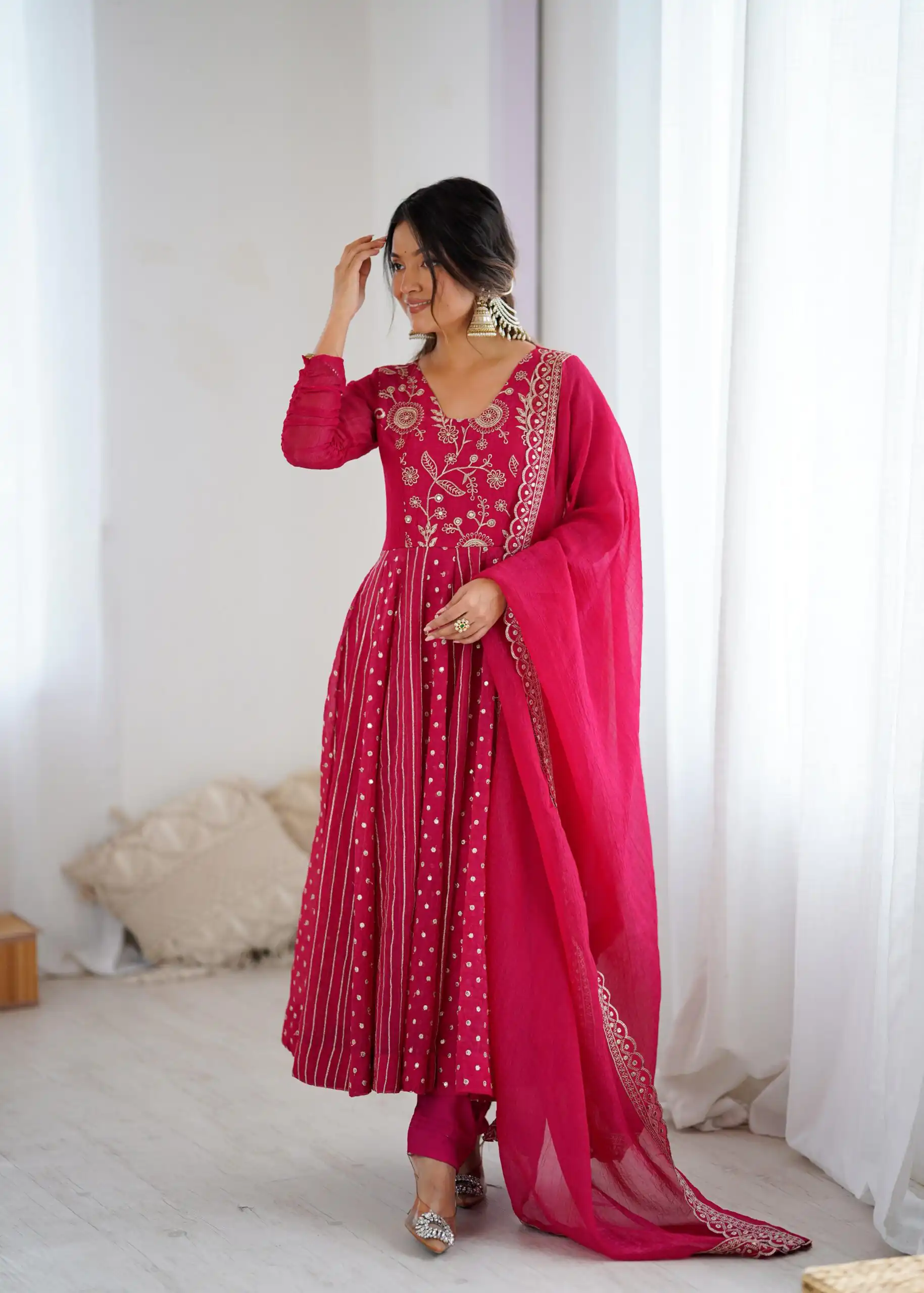 SRK 5293 Pink With Crunchy Silk With Fully Flair with Lace Work & Embroidery Work Anarkali Gown . Introductory Price ₹2149. Delivery 4-6 Worki | Gowns, Bollywood Gowns, Creative Gowns, Designer Gowns, Embroidered Gowns, Party Wear Gowns
