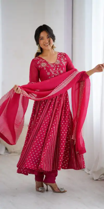 SRK 5293 Pink With Crunchy Silk With Fully Flair with Lace Work & Embroidery Work Anarkali Gown . Introductory Price ₹2149. Delivery 4-6 Worki | Gowns, Bollywood Gowns, Creative Gowns, Designer Gowns, Embroidered Gowns, Party Wear Gowns