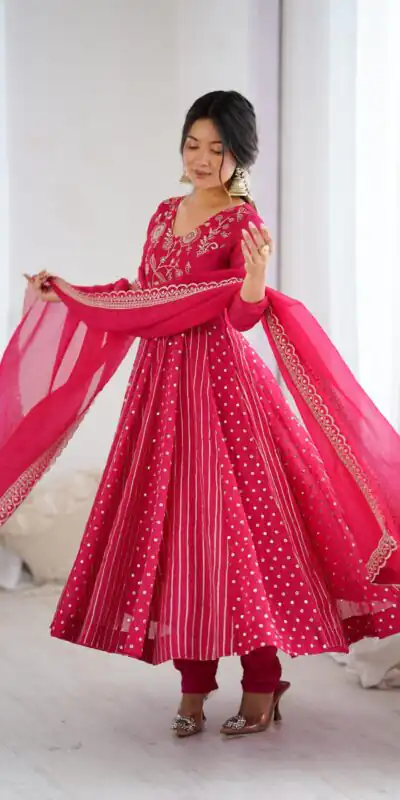 SRK 5293 Pink With Crunchy Silk With Fully Flair with Lace Work & Embroidery Work Anarkali Gown . Introductory Price ₹2149. Delivery 4-6 Worki | Gowns, Bollywood Gowns, Creative Gowns, Designer Gowns, Embroidered Gowns, Party Wear Gowns