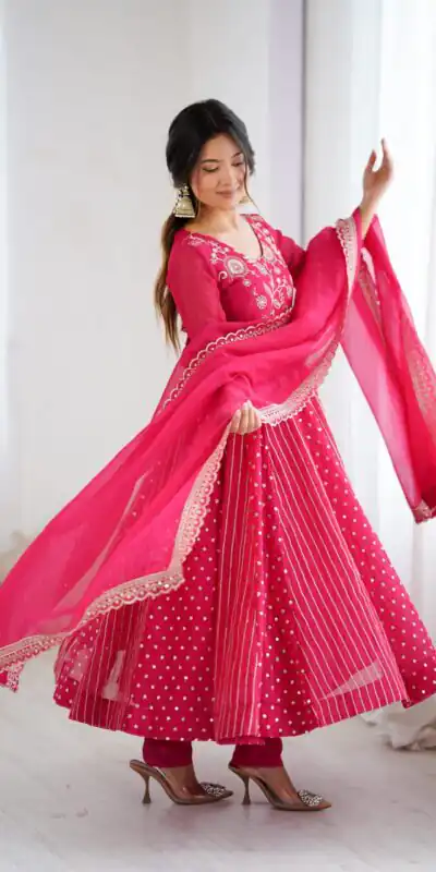 SRK 5293 Pink With Crunchy Silk With Fully Flair with Lace Work & Embroidery Work Anarkali Gown . Introductory Price ₹2149. Delivery 4-6 Worki | Gowns, Bollywood Gowns, Creative Gowns, Designer Gowns, Embroidered Gowns, Party Wear Gowns