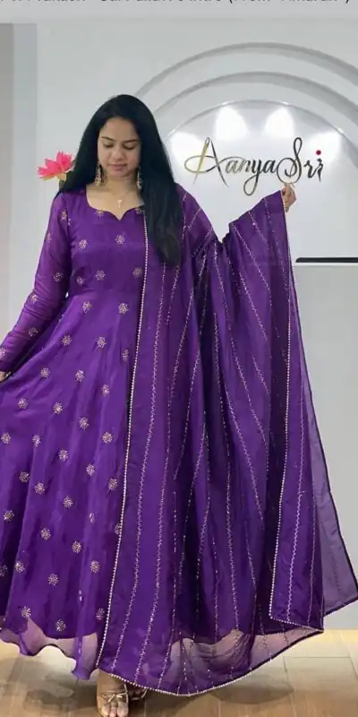 Purple Chinon Embroidery Work Gown