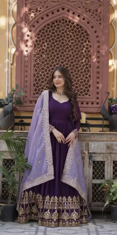 KA 1143 Purple Faux Georgette Sequence Work Gown Gown. Wedding, Party, Festive, Events Grab it for ₹2649. Delivery 4-6 Working Days. Shop now. | Gowns, Bollywood Gowns, Creative Gowns, Designer Gowns, Embroidered Gowns, Party Wear Gowns