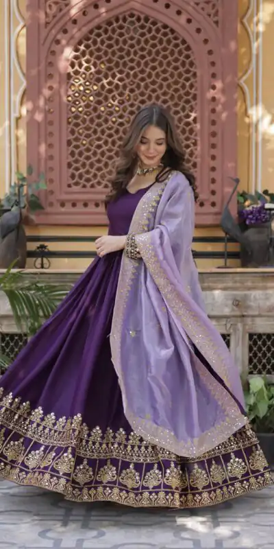 KA 1143 Purple Faux Georgette Sequence Work Gown Gown. Wedding, Party, Festive, Events Grab it for ₹2649. Delivery 4-6 Working Days. Shop now. | Gowns, Bollywood Gowns, Creative Gowns, Designer Gowns, Embroidered Gowns, Party Wear Gowns