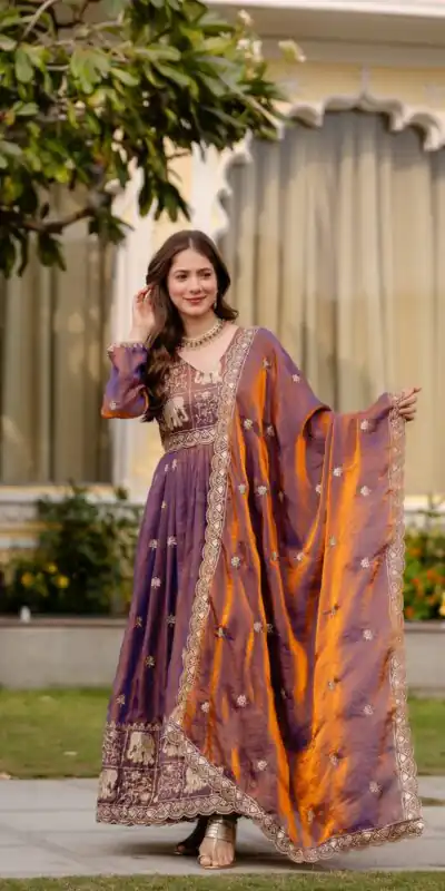 RR 38 Purple Fendy Satin Gown Perfect for Wedding, Party, Pongal, Makar Sankranti, Ganesh Chaturthi – . Available at ₹2649 only. Delivery 4-6 Wor | Gowns, Bollywood Gowns, Creative Gowns, Designer Gowns, Embroidered Gowns, Party Wear Gowns