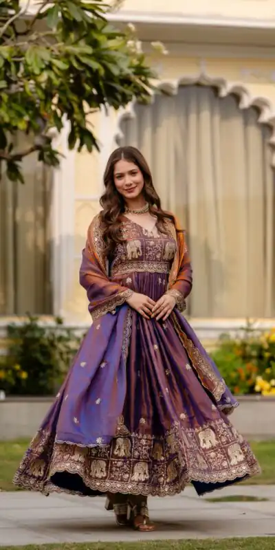 RR 38 Purple Fendy Satin Gown Perfect for Wedding, Party, Pongal, Makar Sankranti, Ganesh Chaturthi – . Available at ₹2649 only. Delivery 4-6 Wor | Gowns, Bollywood Gowns, Creative Gowns, Designer Gowns, Embroidered Gowns, Party Wear Gowns
