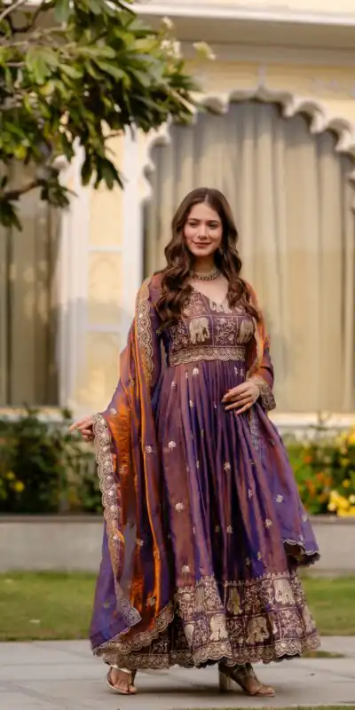 RR 38 Purple Fendy Satin Gown Perfect for Wedding, Party, Pongal, Makar Sankranti, Ganesh Chaturthi – . Available at ₹2649 only. Delivery 4-6 Wor | Gowns, Bollywood Gowns, Creative Gowns, Designer Gowns, Embroidered Gowns, Party Wear Gowns