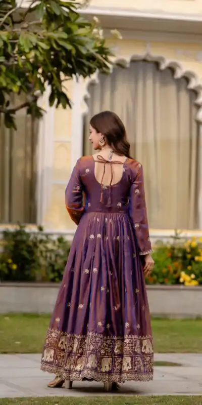 RR 38 Purple Fendy Satin Gown Perfect for Wedding, Party, Pongal, Makar Sankranti, Ganesh Chaturthi – . Available at ₹2649 only. Delivery 4-6 Wor | Gowns, Bollywood Gowns, Creative Gowns, Designer Gowns, Embroidered Gowns, Party Wear Gowns
