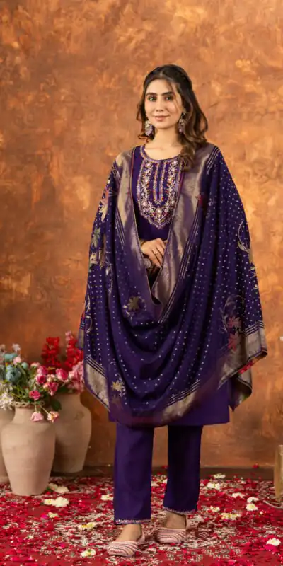 DIVA 103 Purple Marina Silk Salwar Suit with Embroidery Work. Introductory Price ₹2049. Delivery 4-6 Working Days. Shop now. | Jump Suits, Salwar suit, Designer Suits, Casual Suits, Creative suits, Palazzo Suits, Party Wear Suits, Patiala Suits, Straight Suits