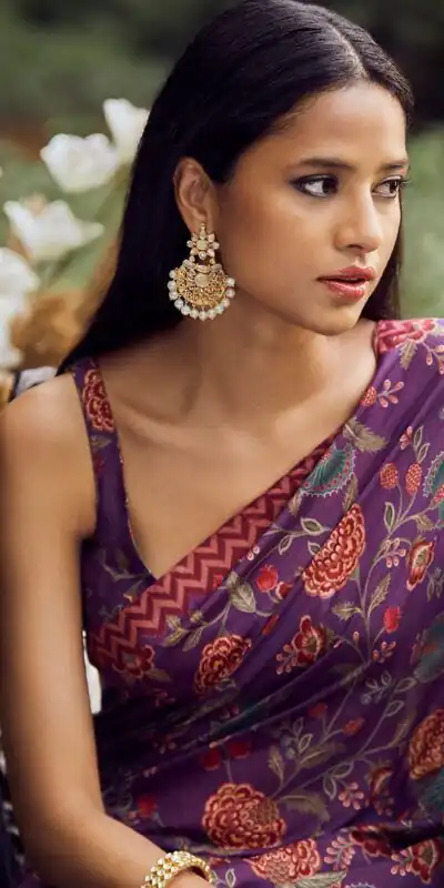 KT 174 Purple Digital Print & Lace Work Saree in Blue Softy Silk. Introductory Price ₹1474. Delivery 4-6 Working Days. Shop now. | Sarees, Bollywood Sarees, Creative Sarees, Designer Sarees, Embroidered Sarees, Ethnic Saree, Modern Digital sarees, Party Wear Sarees