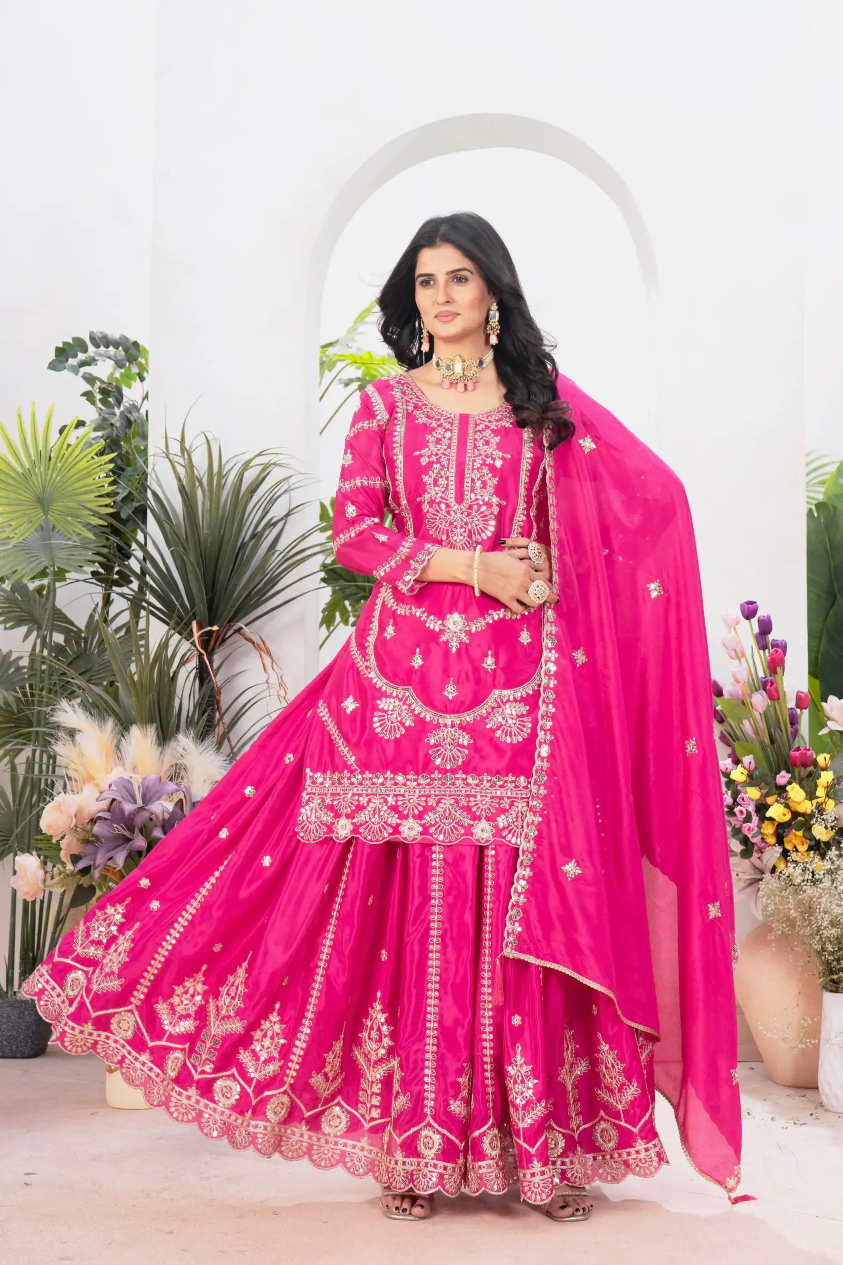 ND 5033 Rani Pink Chinon Silk Salwar Suit with Embroidery Work & Lace Work. Affordable Price ₹2149. Delivery 4-6 Working Days. Shop now. | Jump Suits, Straight Suits, Salwar suit, Designer Suits, Casual Suits, Creative suits, Palazzo Suits, Party Wear Suits, Patiala Suits