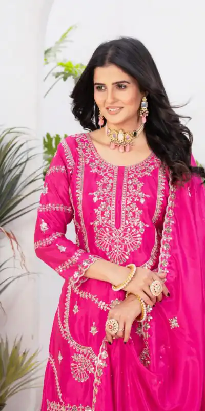ND 5033 Rani Pink Chinon Silk Salwar Suit with Embroidery Work & Lace Work. Affordable Price ₹2149. Delivery 4-6 Working Days. Shop now. | Jump Suits, Straight Suits, Salwar suit, Designer Suits, Casual Suits, Creative suits, Palazzo Suits, Party Wear Suits, Patiala Suits