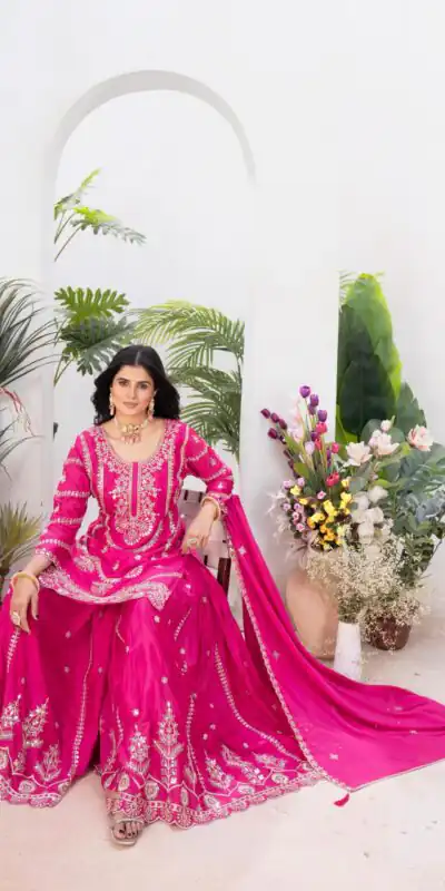 ND 5033 Rani Pink Chinon Silk Salwar Suit with Embroidery Work & Lace Work. Affordable Price ₹2149. Delivery 4-6 Working Days. Shop now. | Jump Suits, Straight Suits, Salwar suit, Designer Suits, Casual Suits, Creative suits, Palazzo Suits, Party Wear Suits, Patiala Suits