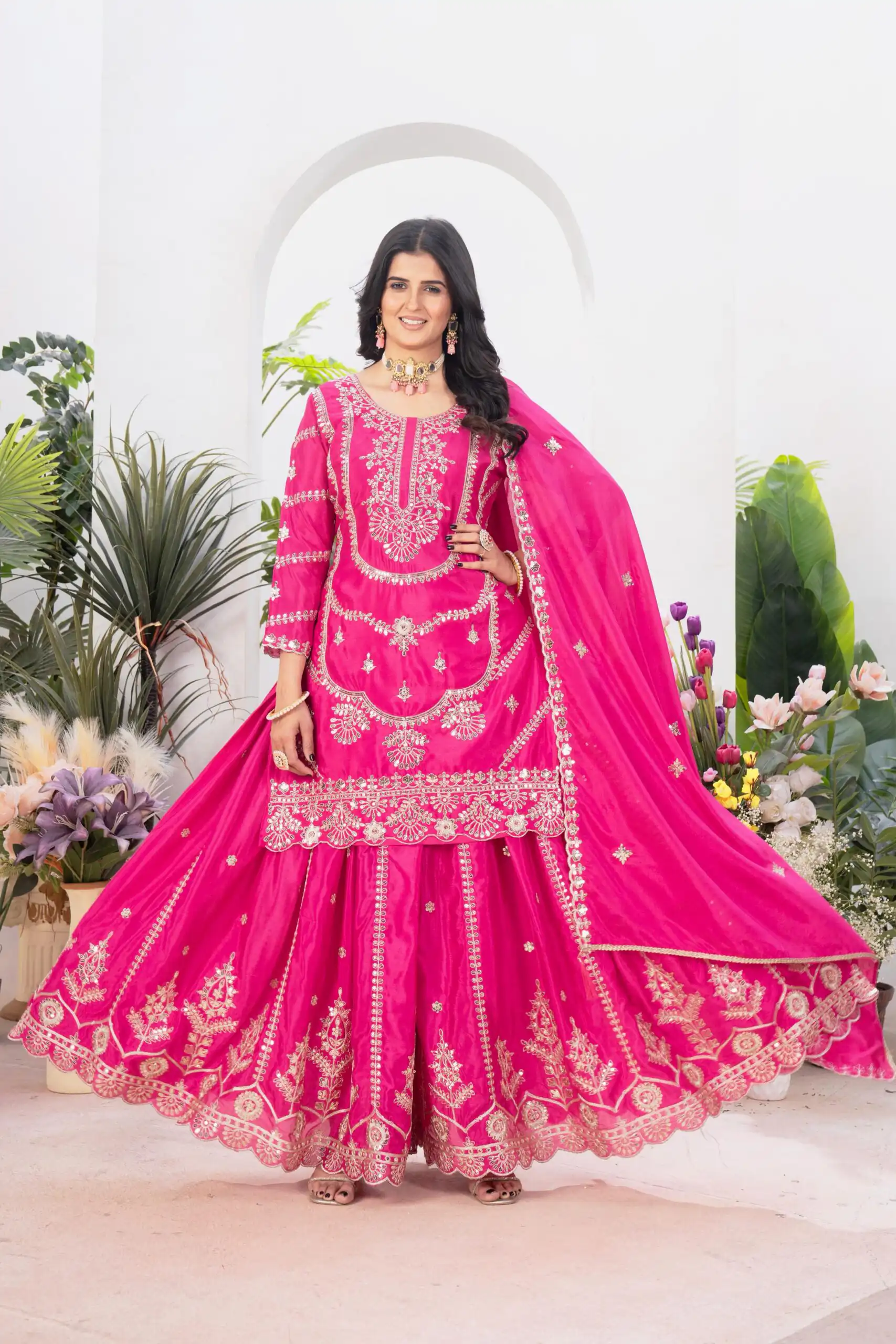 ND 5033 Rani Pink Chinon Silk Salwar Suit with Embroidery Work & Lace Work. Affordable Price ₹2149. Delivery 4-6 Working Days. Shop now. | Jump Suits, Straight Suits, Salwar suit, Designer Suits, Casual Suits, Creative suits, Palazzo Suits, Party Wear Suits, Patiala Suits
