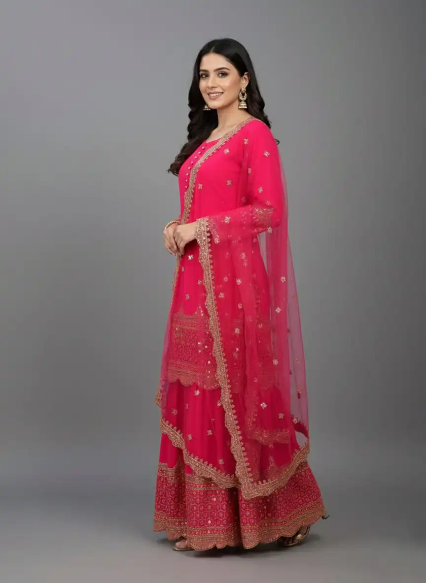 ZF 250 Rani Pink Color Faux Georgette Embroidery Sequence Work Sharara Suit Wedding, Party, Festive, Events Etc. Expected Delivery 4-6 Working Days @2099/- | Jump Suits, Straight Suits, Salwar suit, Designer Suits, Casual Suits, Creative suits, Palazzo Suits, Party Wear Suits, Patiala Suits