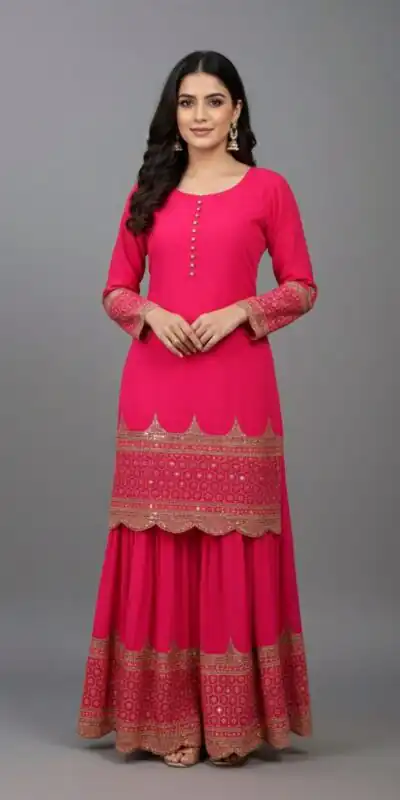 ZF 250 Rani Pink Color Faux Georgette Embroidery Sequence Work Sharara Suit Wedding, Party, Festive, Events Etc. Expected Delivery 4-6 Working Days @2099/- | Jump Suits, Straight Suits, Salwar suit, Designer Suits, Casual Suits, Creative suits, Palazzo Suits, Party Wear Suits, Patiala Suits