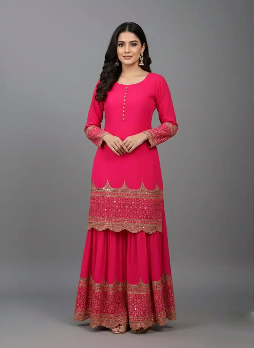 ZF 250 Rani Pink Color Faux Georgette Embroidery Sequence Work Sharara Suit Wedding, Party, Festive, Events Etc. Expected Delivery 4-6 Working Days @2099/- | Jump Suits, Straight Suits, Salwar suit, Designer Suits, Casual Suits, Creative suits, Palazzo Suits, Party Wear Suits, Patiala Suits