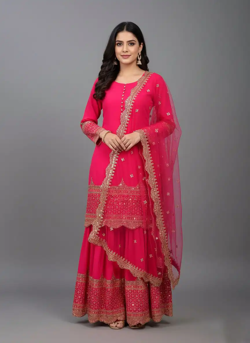 ZF 250 Rani Pink Color Faux Georgette Embroidery Sequence Work Sharara Suit Wedding, Party, Festive, Events Etc. Expected Delivery 4-6 Working Days @2099/- | Jump Suits, Straight Suits, Salwar suit, Designer Suits, Casual Suits, Creative suits, Palazzo Suits, Party Wear Suits, Patiala Suits