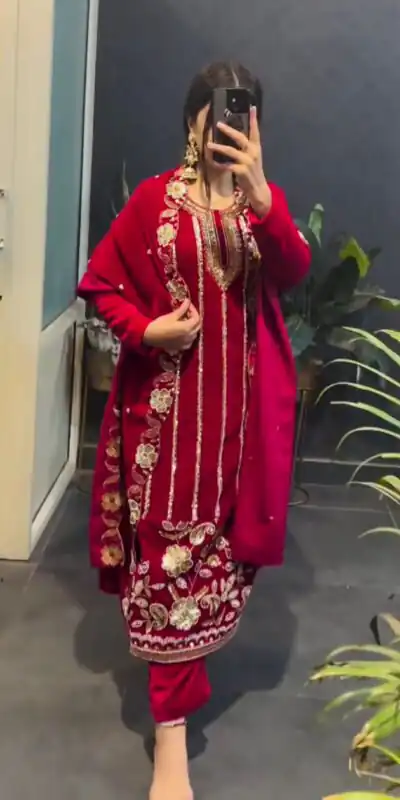 ST 1134 Red 9000 Velvet Salwar Suit with Lace Work & Embroidery Work. Available at ₹2099 only. Delivery 4-6 Working Days. Shop now. | Jump Suits, Salwar suit, Designer Suits, Casual Suits, Creative suits, Palazzo Suits, Party Wear Suits, Patiala Suits, Straight Suits
