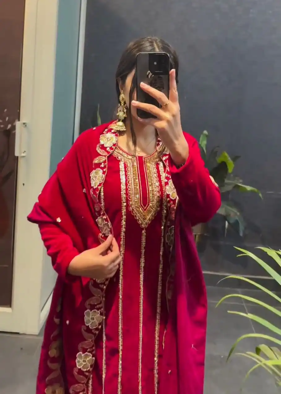 ST 1134 Red 9000 Velvet Salwar Suit with Lace Work & Embroidery Work. Available at ₹2099 only. Delivery 4-6 Working Days. Shop now. | Jump Suits, Salwar suit, Designer Suits, Casual Suits, Creative suits, Palazzo Suits, Party Wear Suits, Patiala Suits, Straight Suits