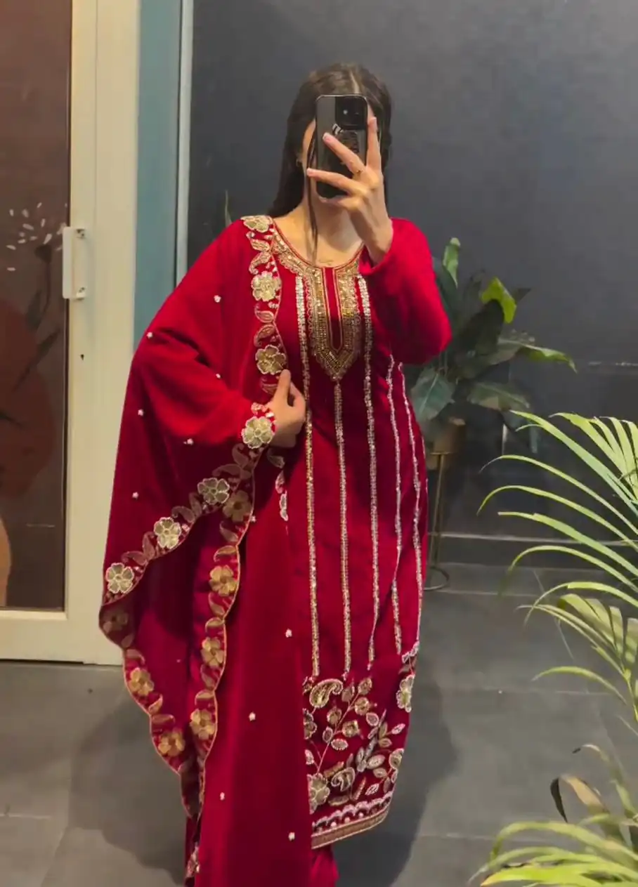 ST 1134 Red 9000 Velvet Salwar Suit with Lace Work & Embroidery Work. Available at ₹2099 only. Delivery 4-6 Working Days. Shop now. | Jump Suits, Salwar suit, Designer Suits, Casual Suits, Creative suits, Palazzo Suits, Party Wear Suits, Patiala Suits, Straight Suits