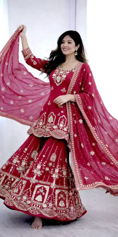 WW 1250 Red Faux Georgette With 5 mm Sequence Work Salwar Suit Wedding, Party, Festive, Events Etc. Expected Delivery 4-6 Working Days @2399/- | Jump Suits, Salwar suit, Designer Suits, Casual Suits, Creative suits, Palazzo Suits, Party Wear Suits, Patiala Suits, Straight Suits