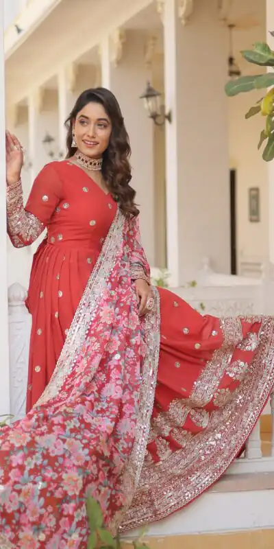 KA 1078 Red Faux Georgette Gown Perfect for Wedding, Party, Makar Sankranti, Karwa Chauth, Ethnic Day – . Now at just ₹3349. Delivery 4-6 Working D | Gowns, Bollywood Gowns, Creative Gowns, Designer Gowns, Embroidered Gowns, Party Wear Gowns