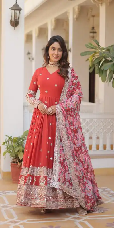 KA 1078 Red Faux Georgette Gown Perfect for Wedding, Party, Makar Sankranti, Karwa Chauth, Ethnic Day – . Now at just ₹3349. Delivery 4-6 Working D | Gowns, Bollywood Gowns, Creative Gowns, Designer Gowns, Embroidered Gowns, Party Wear Gowns
