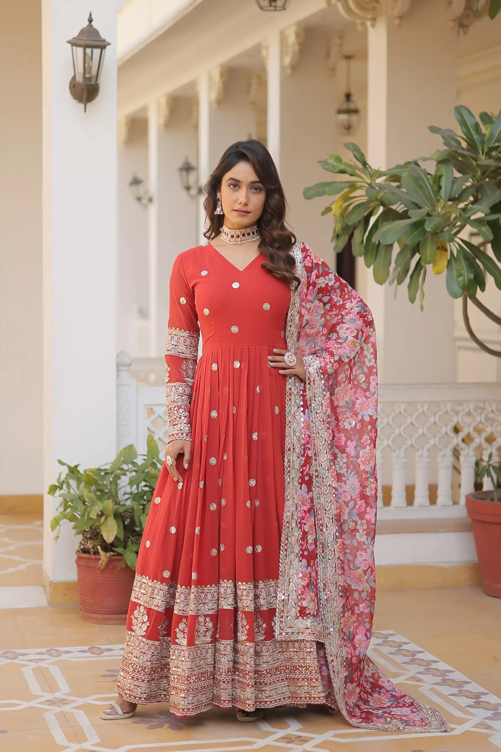 KA 1078 Red Faux Georgette Gown Perfect for Wedding, Party, Makar Sankranti, Karwa Chauth, Ethnic Day – . Now at just ₹3349. Delivery 4-6 Working D | Gowns, Bollywood Gowns, Creative Gowns, Designer Gowns, Embroidered Gowns, Party Wear Gowns