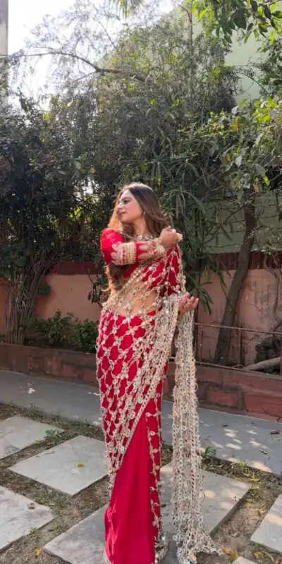 Red Fendy Silk Lace Mirror Work Saree