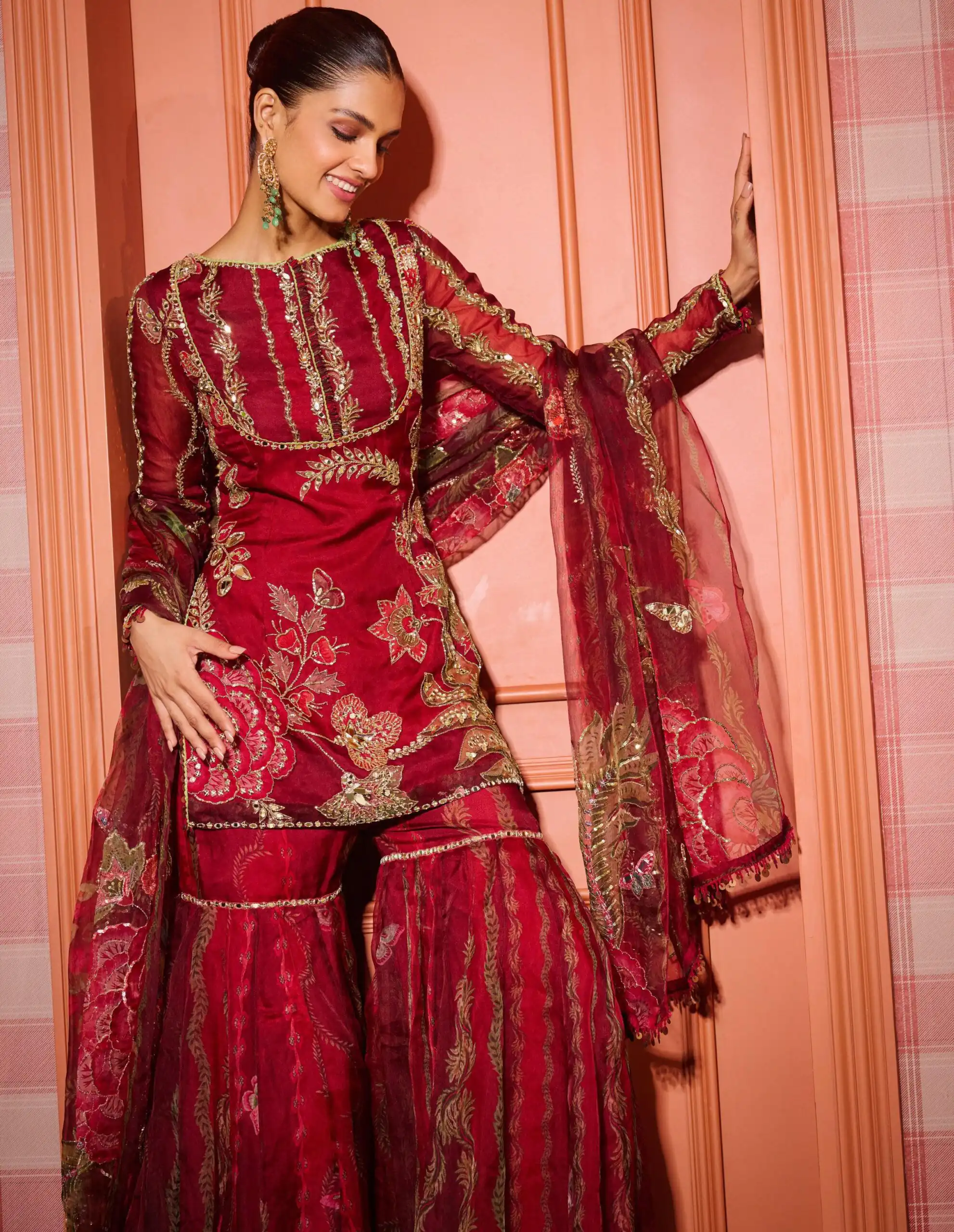Red Soft Organza Embroidery Mirror Work Salwar Suit - Image 2