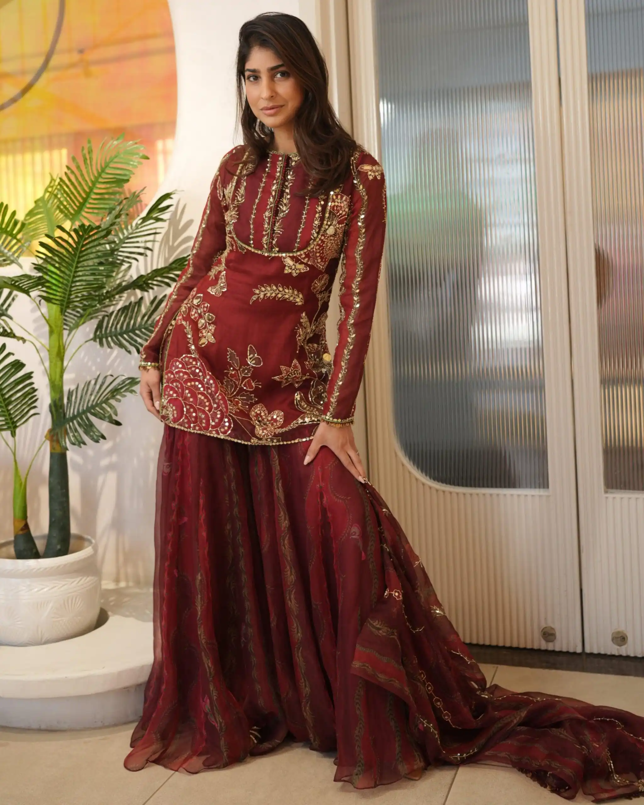 Red Soft Organza Embroidery Mirror Work Salwar Suit - Image 6