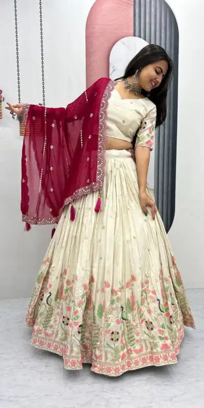 PC 546 Red Tissue Silk Lehenga Choli with Lace Work & Cut Work. Wedding, Party, Festive, Events Only 3249 Delivery 4-6 Working Days. Shop now. | Lehenga, Bollywood Lehenga, Creative Lehenga, Designer Lehenga, Embroidered Lehenga, Party Wear Lehenga