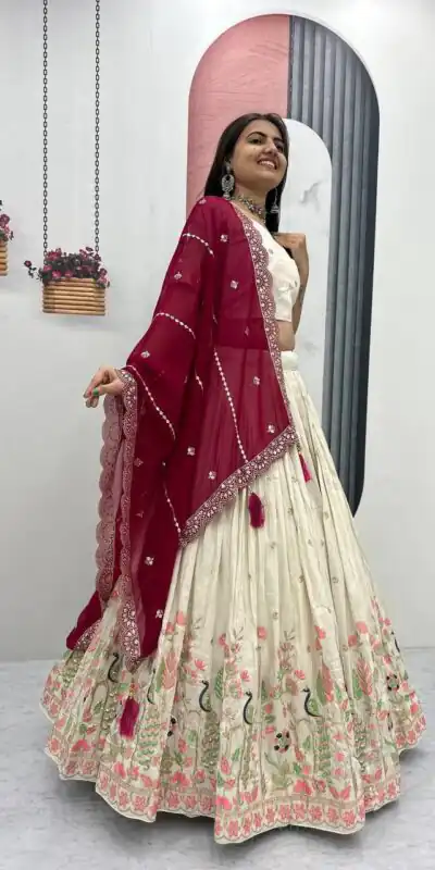 PC 546 Red Tissue Silk Lehenga Choli with Lace Work & Cut Work. Wedding, Party, Festive, Events Only 3249 Delivery 4-6 Working Days. Shop now. | Lehenga, Bollywood Lehenga, Creative Lehenga, Designer Lehenga, Embroidered Lehenga, Party Wear Lehenga