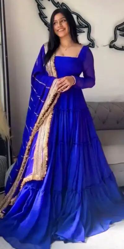 KD 1539 Royal Blue Faux Georgette Ruffle Style Gown. Wedding, Party, Festive, Events Grab it for ₹2099. Delivery 4-6 Working Days. Shop now. | Gowns, Bollywood Gowns, Creative Gowns, Designer Gowns, Embroidered Gowns, Party Wear Gowns