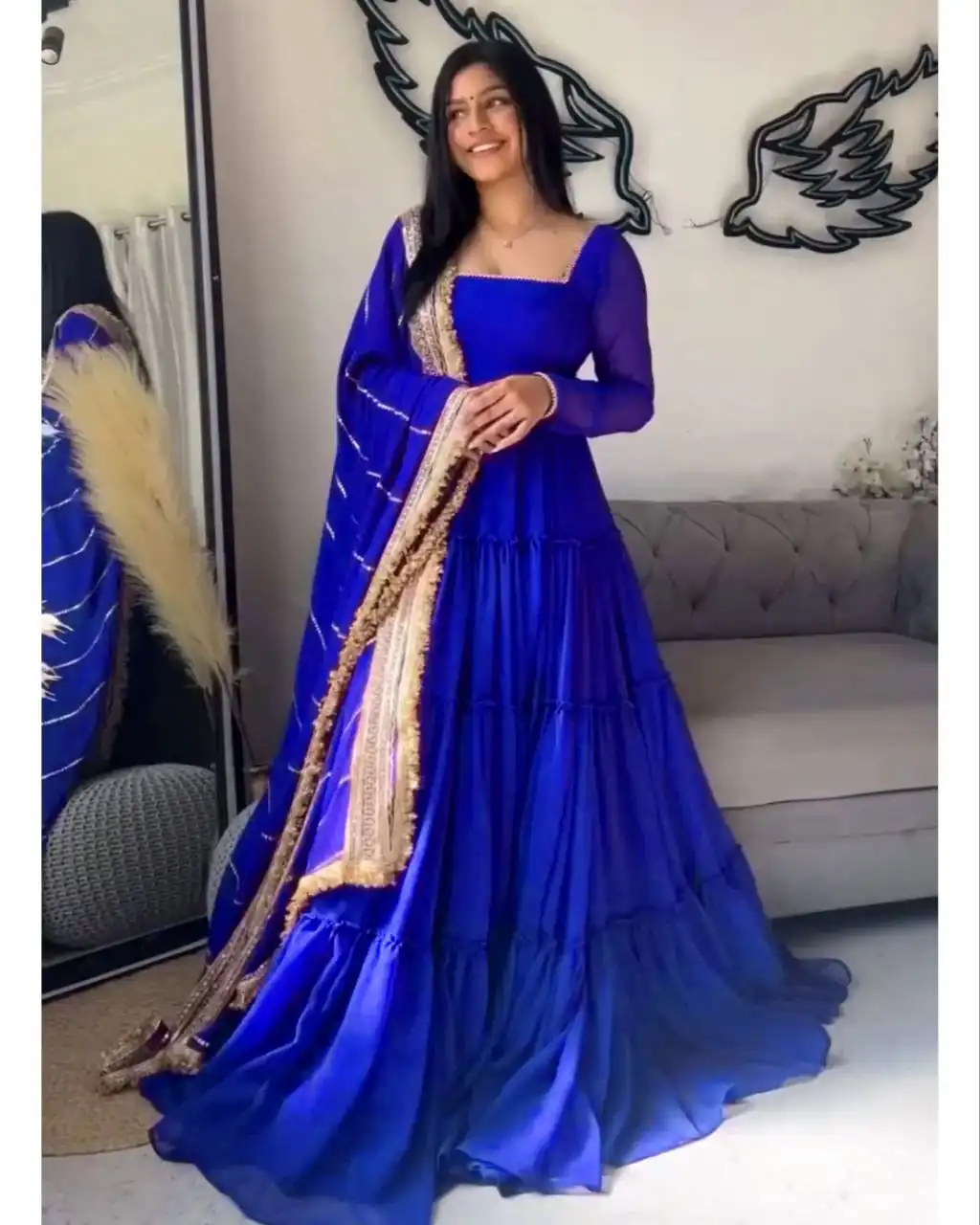 KD 1539 Royal Blue Faux Georgette Ruffle Style Gown. Wedding, Party, Festive, Events Grab it for ₹2099. Delivery 4-6 Working Days. Shop now. | Gowns, Bollywood Gowns, Creative Gowns, Designer Gowns, Embroidered Gowns, Party Wear Gowns