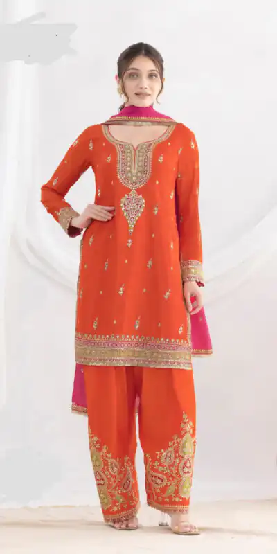 Rust Chinon Embroidery Mirror Work Salwar Suit
