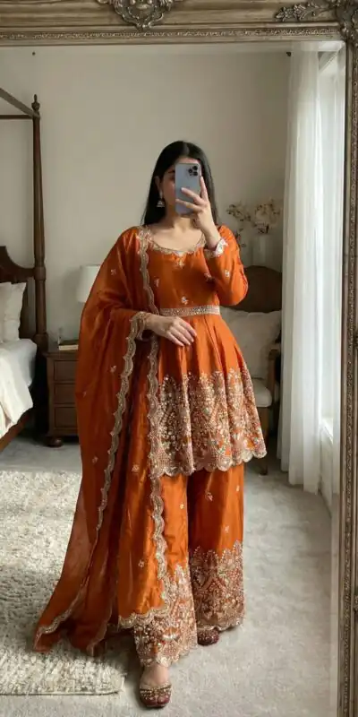 ZSR 3162 Rust Fendy Silk Salwar Suit with Mirror Work & Embroidery Work. Best Price ₹2149. Delivery 4-6 Working Days. Shop now. | Jump Suits, Salwar suit, Designer Suits, Casual Suits, Creative suits, Palazzo Suits, Party Wear Suits, Patiala Suits, Straight Suits