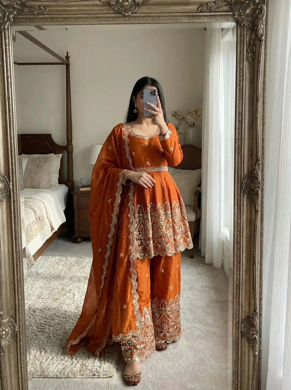 ZSR 3162 Rust Fendy Silk Salwar Suit with Mirror Work & Embroidery Work. Best Price ₹2149. Delivery 4-6 Working Days. Shop now. | Jump Suits, Salwar suit, Designer Suits, Casual Suits, Creative suits, Palazzo Suits, Party Wear Suits, Patiala Suits, Straight Suits