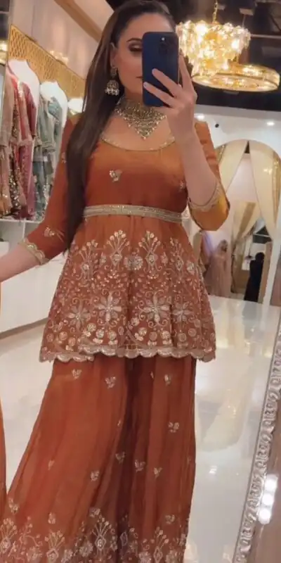 ZSR 3162 Rust Fendy Silk Salwar Suit with Mirror Work & Embroidery Work. Best Price ₹2149. Delivery 4-6 Working Days. Shop now. | Jump Suits, Salwar suit, Designer Suits, Casual Suits, Creative suits, Palazzo Suits, Party Wear Suits, Patiala Suits, Straight Suits